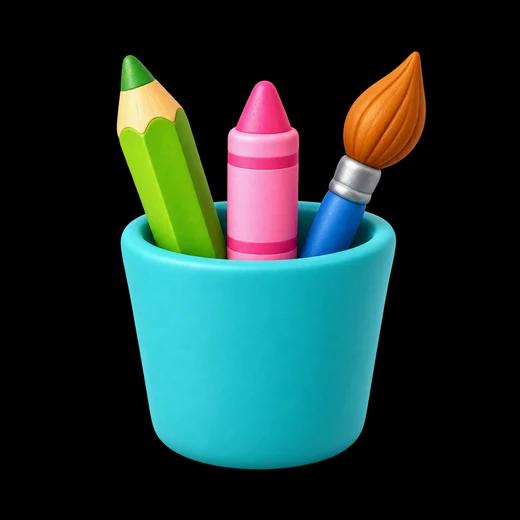 Pot turquoise avec crayons et pinceau